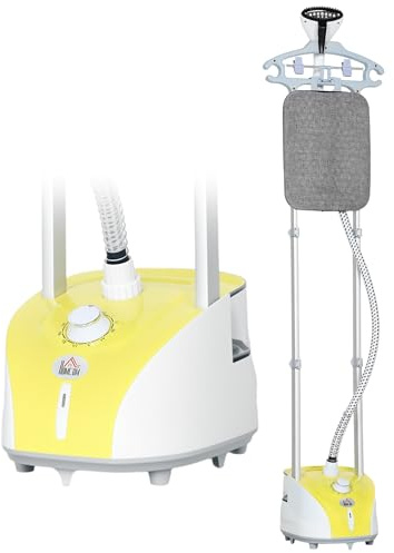 HOMCOM Plancha Vertical Vapor 1950W, Depósito de 2 L, 32g/min, Plancha de Vapor Vertical con Barra Telescópica, Listo en 38s,Colgador de Ropa, Centro de Planchado para Hogar Oficina, Amarillo