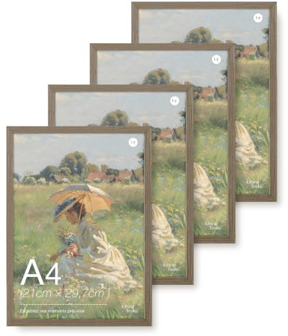 LIVINGTASTE 4 Stück Bilderrahmen A4 (21 × 29.7 cm) MDF Holz Dunkle Eiche | Rahmen mit Acrylglas Front Fotorahmen für Fotos und Poster für Schlafzimmer Wohnzimmer Kinderzimmer für Kunstwerke