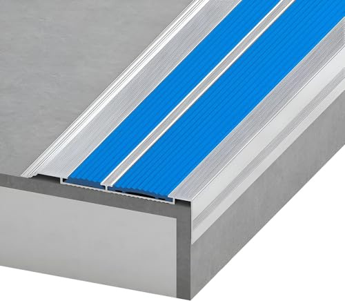 Profilo di Protezione per Bordi di Scale a Forma di L da 100/110/134 cm, Profilo Angolare In Alluminio con striscia antiscivolo in PVC per Gradini Di Casa, Scuola E Ufficio(Bleu,7x2.1x100cm)
