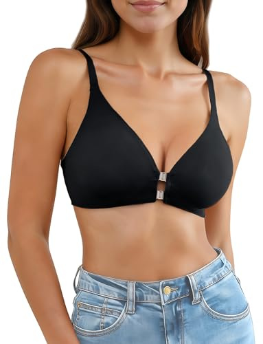 Dambehå med stängning fram spets racerback-bh med vadderad vadderad underklädesplagg bustier crop underkläder bygellös topp justerbara remmar – S–XL, Svart magnetisk, XL