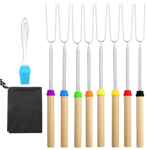8 stycken teleskop grillspett, teleskop grillspett rostfritt stål marshmallow, lägereld spett, grillgaffel, utdragbar rostfritt stål, för camping grill, BBQ utomhus, grillstång 31–81 cm