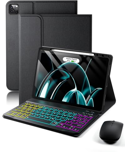 für iPad Air 13 Zoll (M4-2026,M3-2025, M2-2024) und iPad Pro 12,9 Zoll (6,5,4,3 Generation) Hülle mit Kabelloses Bluetooth Deutsch (QWERTZ) Beleuchtete Farbige Tastatur und Maus,Backlit Keyboard Case