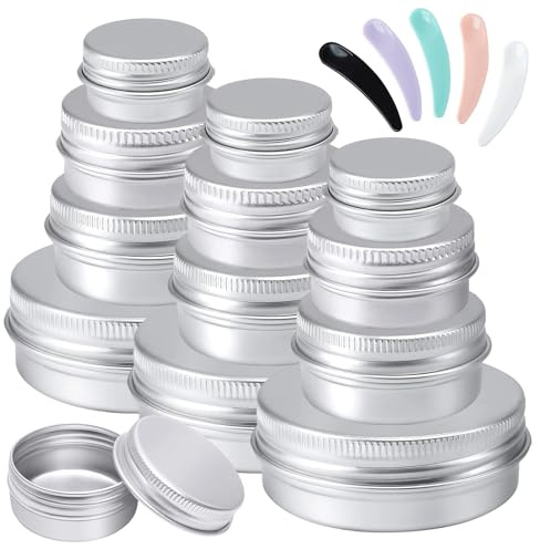 12 Stück Aluminium Dosen mit Deckel, Inklusive 5 Halbmondförmiger Löffel, Runde Leere Cremedosen & Salbentiegel für Lippenbalsam, Lotionen, Salben und Mini-Kerzen