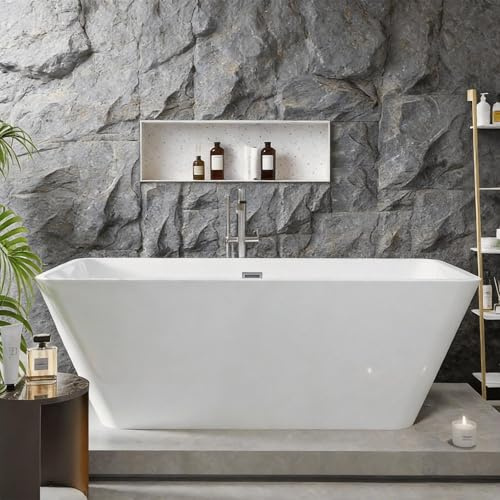66 Acrylic Freestanding Soaking Tub, Contemporary Design Bathtub, Chrome Overflow & Drain, Easy Installation for Modern Bathroom, White