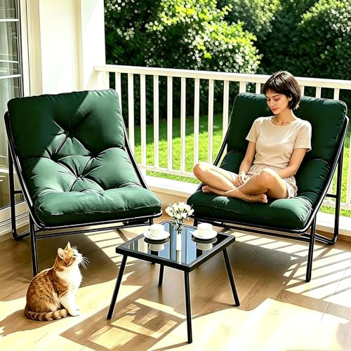 LIJYITF Balkonmöbel Set 3 teilig, Gartenmöbel Set,Terrassenmöbel 2 Stühle mit Sitzkissen und Tisch,Balkonmöbel Kleiner Balkon, Bequemer Balcony Furniture Sitzgruppe für Garten Terrasse. (Grün)