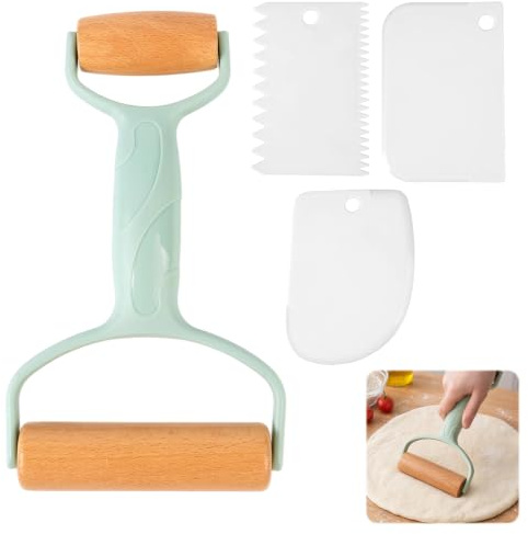 Mattarello in Legno a Doppia Testa, Piccolo Rotolo di Pasta con Manico | con 2 Rulli e 3 Spatole, Mattarello in Legno Rullo, per Pasticceria Casalinga Pasticcini Pizza Dolci Gnocchi Pasta Sfoglia