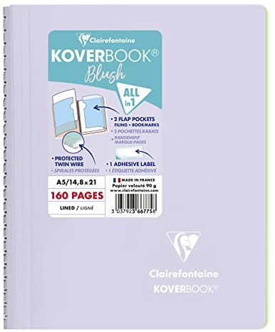 Clairefontaine 366775C - One Spiral Notebook Koverbook Blush Lilac - Size: A5 14,8x21 cm - 160 Lined Pages - White Paper 90 g - Polypro Enveloppante Cover