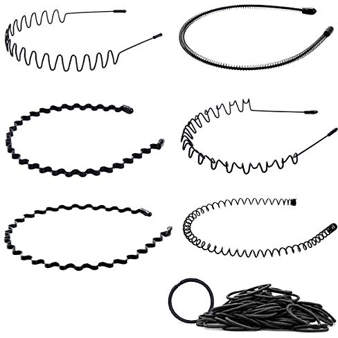 6 Stück Metall Haarreif Herren, Schwarz Haarreifen Unisex Wave Haarband Spring Haarbänder Multi-Style Stirnband Zubehör für Outdoor Sports Yoga mit Gummiband