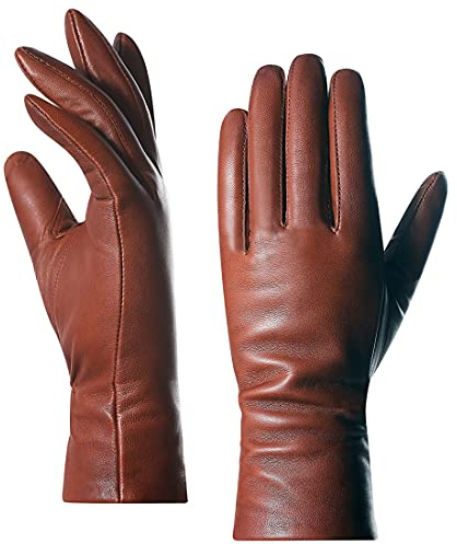 Harssidanzar Damen Leder Handschuhe, Damen Italienische Lammfell Lederhandschuhe Kaschmir Gefüttert GL006,Cognac,größe L