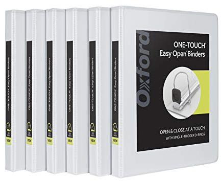 Oxford 3 Ring Binders, 0.5 inch ONE-Touch Easy Open D Rings, Durable Binders for School and Office, View Binder Covers, Xtralife Hinge, Non-Stick, PVC-Free, White, Holds 125 Sheets, 6 PK (79902)