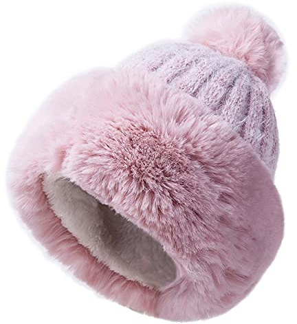 JFAN Warm Mütze Bommelmütze Damen Pudelmütze Winter Ski Mehrfarbig Mode Flauschige GEH?keltes Fell Strickmütze Rosa One Size