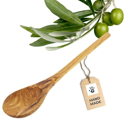 HOFMEISTER® Kochlöffel Olivenholz 30 cm – Holzlöffel schont beschichtete Töpfe und Pfannen – Unikat mit markanter Maserung, Handarbeit – rund (1 Stück)