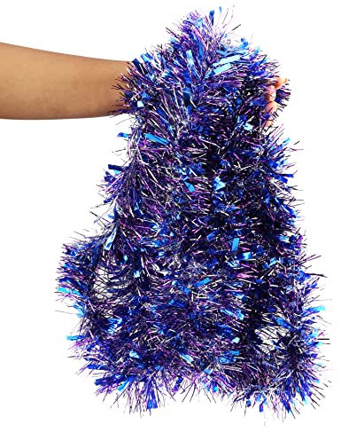 BELLE VOUS Blue, Purple and Silver Christmas Tinsel - 10m / 32.8ft Shiny Metallic Christmas Tree Hanging Garland - Chunky Tinsel for Indoor/Outdoor Party Decorations & Festivals