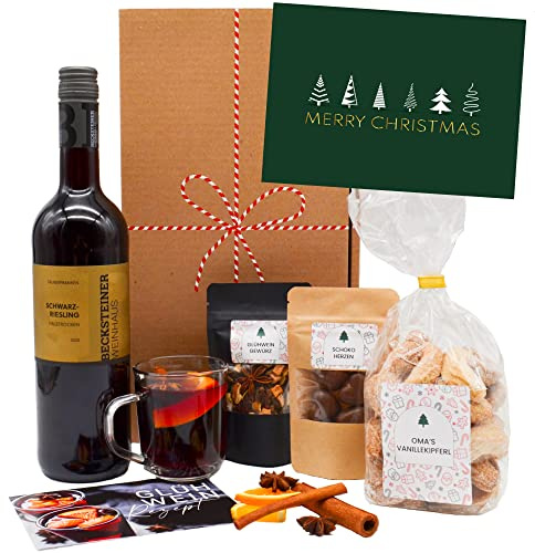 Geschenkset „Glühwein Freude“ | Geschenkkorb mit Winzer Wein, Glüh-Gewürzen, Vanillekipferl & Schokolade | DIY Geschenk Set zu Weihnachten