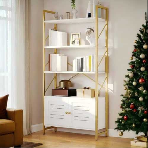 YITAHOME Bookcase with Storage Cabinet, Standing 5 Tiers Book Shelf Display Rack with Doors for Bedroom Living Room Office,White&Gold