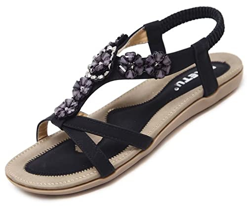 Bothevin Sandalen Damen Sommer Flach Bequem Zehentrenner Sandaletten mit Strass Perlen, Gr.36-44