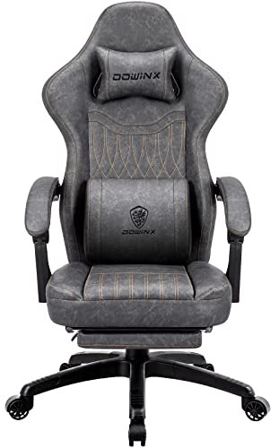 Dowinx Gaming Stuhl mit Frühling Kissen,Racing Gamer Stuhl mit Massage, Ergonomischer Gaming Sessel mit Fußstütze Bürostuhl PU Leder Grau