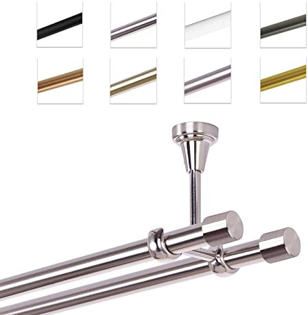 Bastone Per Tende 200 cm, Doppio, Acciaio Inox, Montato A Soffitto