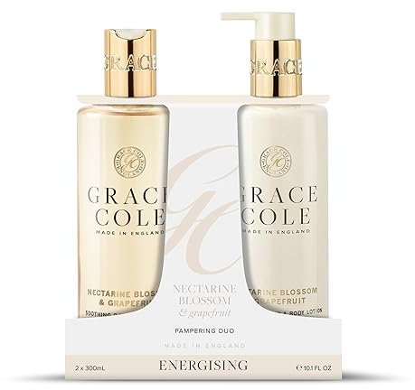 Grace Cole Nectarine Blossom & Grapefruit Scented Body Care Duo Gift Set 1 x Bath & Shower Gel 300ml, 1 x Hand & Body Lotion 300ml - Essential Oils - Vegan - Made In England