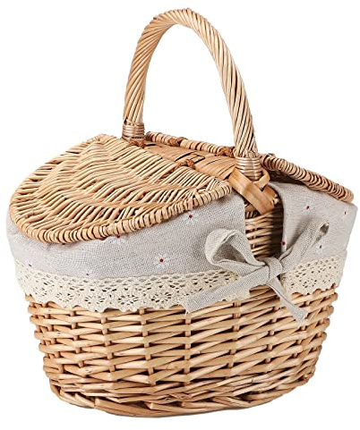 PAOORTS Picknick-Rattankorb, Rattan-Blumenkorb mit Deckel, Handgewebter Weiden-Aufbewahrungskorb mit Griff, Handtaschen-Aufbewahrungsbox für Picknick, Zuhause, Hochzeit, Garten,(Gänseblümchen-Spitze)