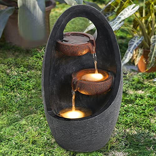 Outdoor Garden Water Fountain In/Outdoor Polyresin Garden Water Feature Fountain LED Lights Egg Bowl Cascade Floor-Standing Waterfalls Fountains for Home Yard Decoration