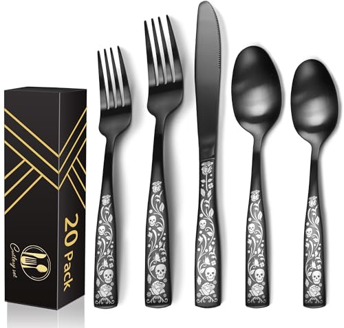 IFERRENS 20-Piece Matte Black Silverware Set for 4, Skull Rose Cultery Set 18/0 Stain Finish Stainless Steel, Gothic Skeleton Pattern Decorative Flatware Set, Daily Halloween Party Event Serving For 4