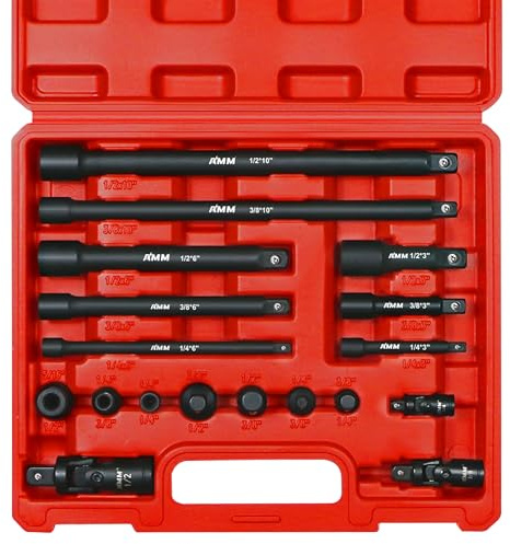 AMM Impact Socket Extension Set Tools, 1/4, 3/8, 1/2 Drive Socket Adapter, Extension Bar, Impact Univeral Joint, Impact Coupler with Cr-V Steel for Power Drill & Impact Driver, 18 Pieces