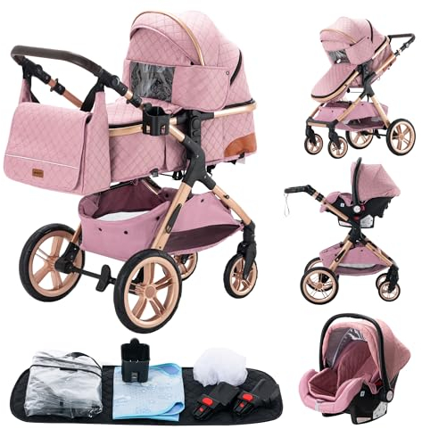 YAZOCO Passeggino Trio 3 in 1 Carrozzina Ovetto Pieghevole Set Viaggi Passeggino Neonato Sedili Parapiedi Zanzariere Carrozzina Multifunzionale (5 Rosa)