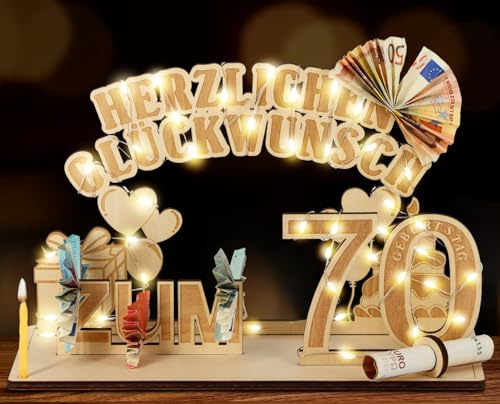 70. Geburtstag Frau Mann Geldgeschenk Holz mit LED Lichterkette Ständer | Geschenke zum 70 Geburtstag - Personalisierte Gästebuch Geburtstagsgeschenk