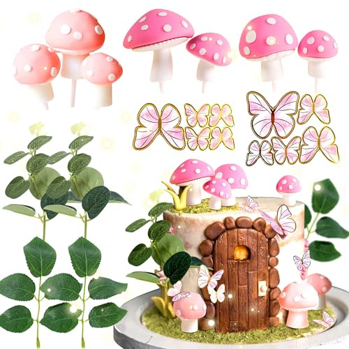 JeVenis Pink Mushroom House Cake Decoration Mushroom Cake Decorations Fairy Cake Decorations Garden Fairy Cake Decoration Fairy Party Supplies Fairy Party Favors