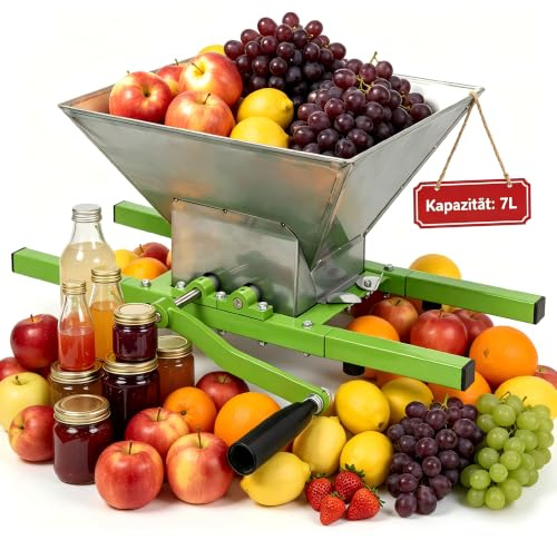 Suusolny Moulin à fruits 7 l - Broyeur à fruits - Moulin à maïs avec manivelle - Moulin à baies - Broyeur à raisins - Pour la fabrication de jus, d'assaisonnement ou de moût avec un presse-fruits