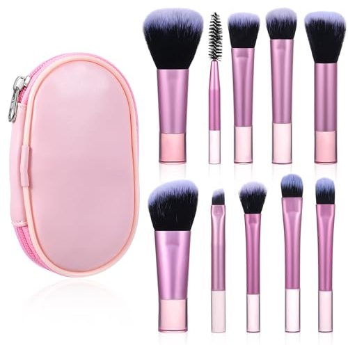 PEOVLVN Set di pennelli da trucco da viaggio, 10 pezzi, set professionale di pennelli per trucco, mini funzione completa, pennello per trucco, pennello per trucco, viso e occhi, rosa