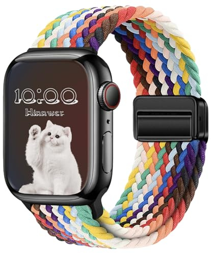 Hinnwer Bracelets Tressé pour Apple Watch Bracelet 45mm 46mm 44mm 42mm 49mm | Élastique Nylon Band avec Fermoir Magnétique pour iWatch Ultra 3 2 1 SE 3 2 1 Series 11 10 9 8 7 6 5 4 3 2 1 Arc-en-ciel