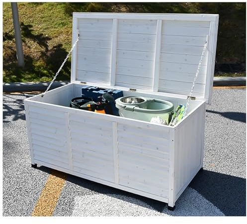 Holz-Werkzeugschrank für den Außenbereich, mit wasserdichtem Dach, Hinterhof-Organizer für Garten, Haus, Terrasse, Balkon, niedriger Schrank, Schuppen, Container in weißer Farbe