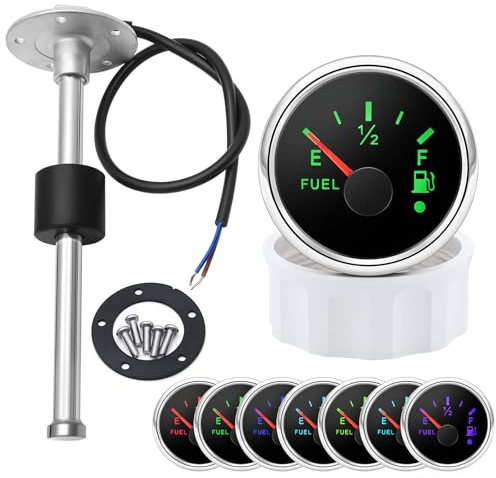 52mm Universal Kraftstoffstandsanzeige Tankuhr mit 150mm Sensor - 0-190 Ohm 7-Farben LED Hintergrundbeleuchtung für Auto, Boot, Wohnmobil, LKW - Inkl. Wasserstandssensor