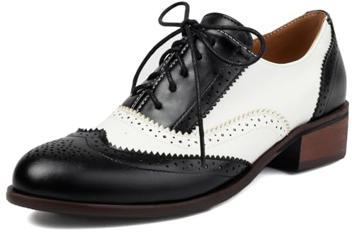 Renessmi Retro Cordones Oxford Tacón Ancho Punta Rojoonda Mujer Zapatos Cross Strap Brogue Mixed Color British Style Carved Footwear Negro-Blanco Talla 37 EU-38 Cn