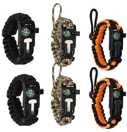 SUPRBIRD Paracord överlevnadsarmband, set om 6 stycken överlevnadsarmband för män och kvinnor, utomhus verktygsset innehåller kompass, paraplyrep, en eldstartare, nödfallskniv och rör, passt an die
