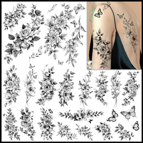 CHARLENT 9 Bögen Realistische Blumen Temporäre Tattoos Damen | Große Rosen und Blumen Tattoos als feminine Body Art für Frauen, ideal für Arme, Brust, Beine und Schultern