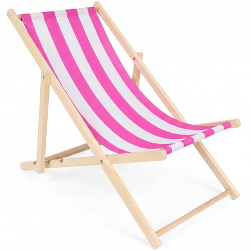 specwood Transat Jardin Extérieur Pliable en Bois Hêtre – Chaise Longue Réglable 3 Positions, Bain de Soleil Bois Jusqu’à 120 kg, Chilienne Jardin Extérieur, Blanc & Rose