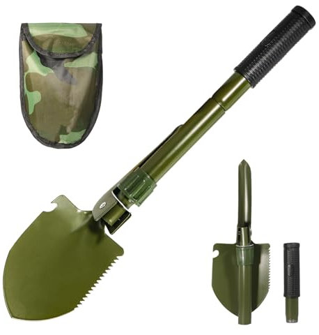 Vanga pieghevole multifunzione 4 in 1 in acciaio al carbonio | Mini vanga pieghevole da giardino (40 cm) con bussola e borsa per il trasporto, per campeggio, giardinaggio, pulizia della neve, caccia e