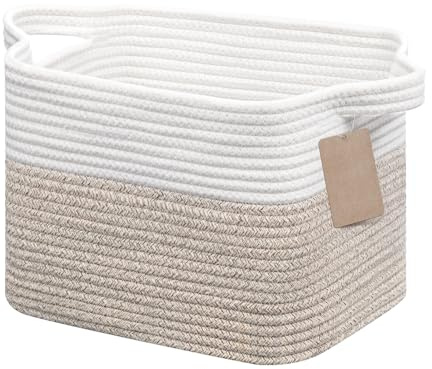 JOJOSEE Woven Storage Basket, Cotton Rope Basket for Shelves Toys Organizer, Square Storage Baskets for Books, Shoes, Decorative Gift Baskets for Home Bathroom Organizer 33x25x22.5cm (White&Brown)