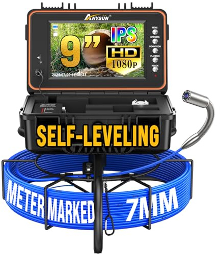 Anysun Inspektionskamera mit Selbstnivellierung 9 IPS Bildschirm 1080P DVR | 23mm IP68 Wasserdichter Rohrkamera, 7mm Kabel mit Meter-Markierung, 5100mAh Akku Endoskopkamera für Abflussinspektionen