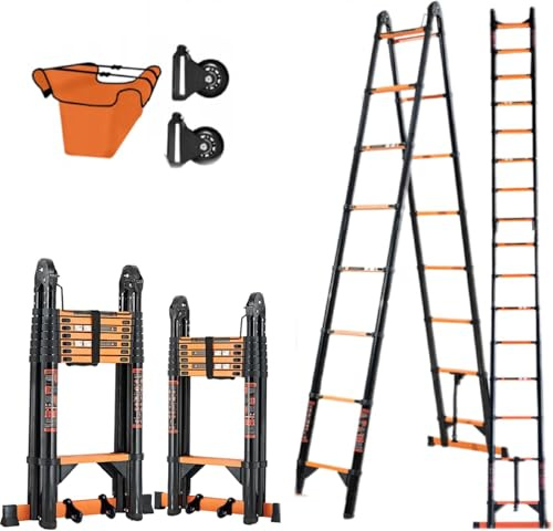 Hooha Teleskopleiter 6.6m für Wohnmobil & Camping｜Klappbar mit Sicherheitsverriegelung｜2×8 Stufen Carbonstahl｜150kg Tragkraft GS-geprüft｜rutschfeste Trittstufen + Räder｜Wetterfest & Leicht