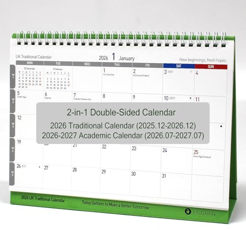 AGGAFA Desk Flip Calendar, Bigger Text & More Writing Space, 2-in-1 Double-Sided Standing Design, Colour-Coded Pages, Moon Phases, 250 × 195 mm (2026 UK+EU Desk Calendar)