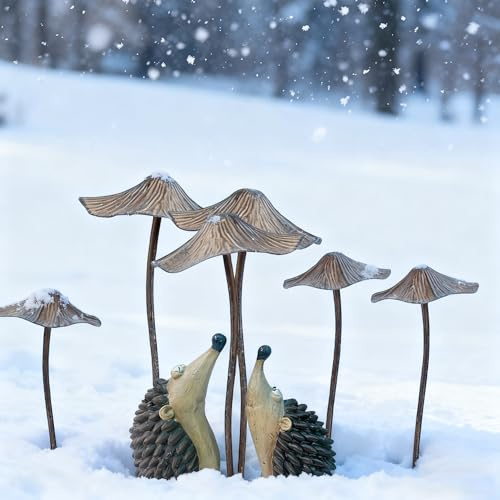 DZWAZD 6 pcs Pilze deko und 2 pcs Igel deko Figur, Herbst Dekoration Outdoor Metall pilz Harz Igel, gartenstecker rost, gartendeko für draußen wetterfest