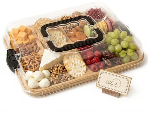 Ribech Tabla de Charcutería con Tapa – Bandeja para Quesos Portátil con 6 Compartimentos, Tabla de Madera de Bambú – Ideal para Picnic, Brunch y Viajes