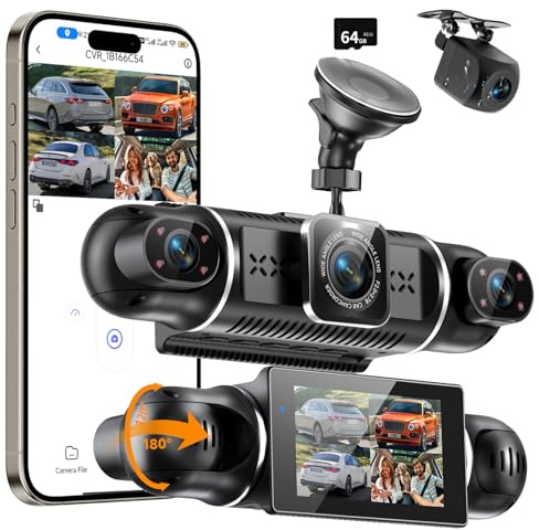 Dashcam Auto Vorne Hinten 4K/1080P,4 Kanal Auto Kamera mit 64GB SD-Karte,360°Dash Cam mit parküberwachung,3 IPS-Bildschirm,4X140° Weitwinkel,WDR Nachtsicht(8 IR-LEDs),G-Sensor,Loop-Aufnahme,WiFi App