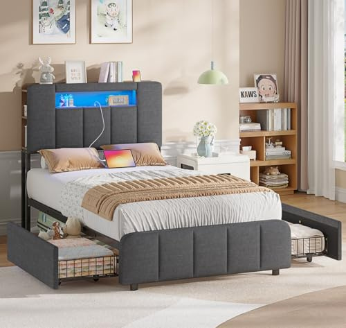 AOGLLATI Jugendbett 90x200 mit 2 Schubladen Kinderbett mit LED-Beleuchtung und Ladestation Bett mit Stauraum Polsterbett Einzelbett mit Multifunktionales Kopfteil-Ohne Matratze,Grau Leinen