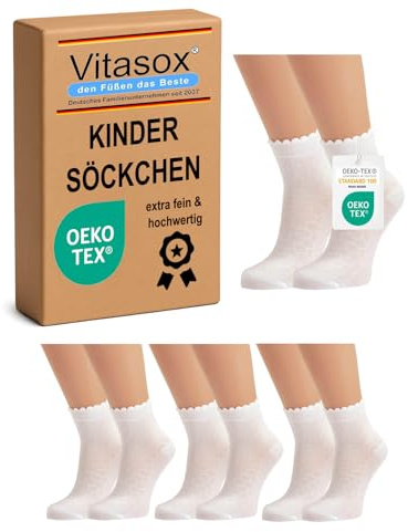 Vitasox Mädchen Kindersocken 3er | 6er Pack Weiß – einfarbige Baumwollsocken mit Wellen-Abschlussrand, nahtfrei & ohne drückende Nähte – bequeme Filetsöckchen für Kinder, atmungsaktiv & weich, 21095