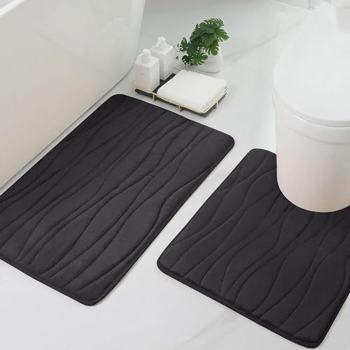 Homaxy Memoryschaum Badematte Set 2 teilig-Schwarz,50x60cm U-förmig+50x76cm | mikrofaser-korallensamt gefühlt, weich & komfortabel, rutschfeste rückseite, ultra saugfähig, pflegeleicht, waschbar